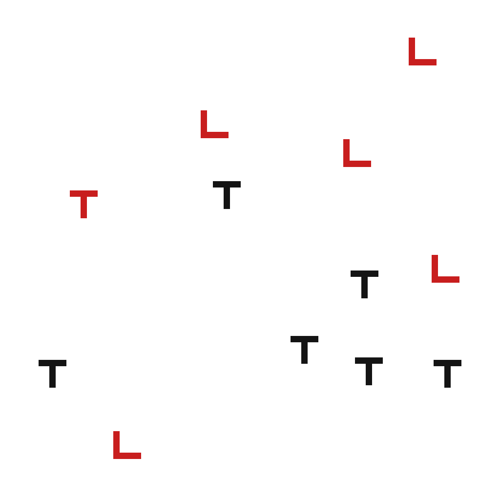 Conjunction search display: a red T among red Ls and black Ts