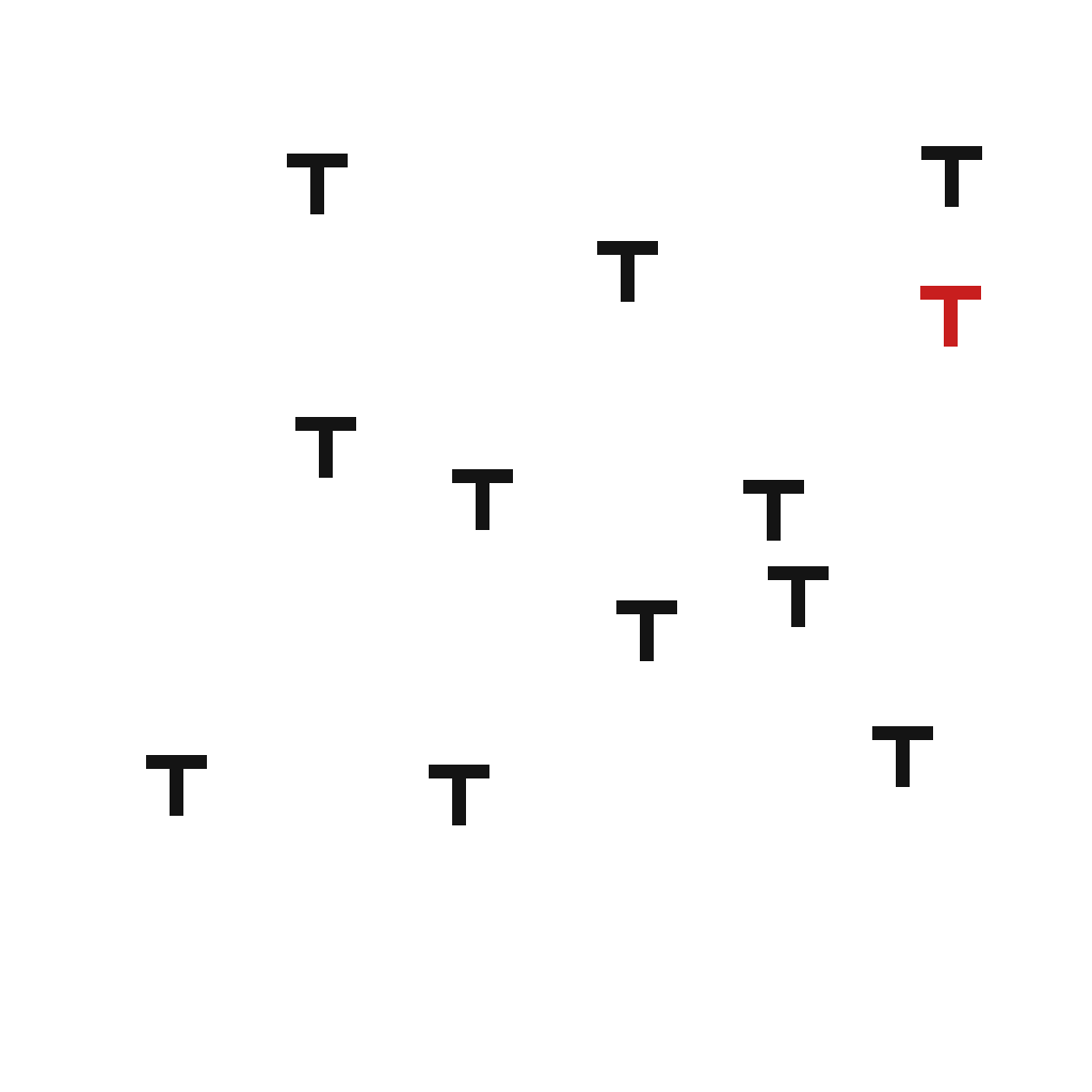 Feature search display: a red T among black Ts